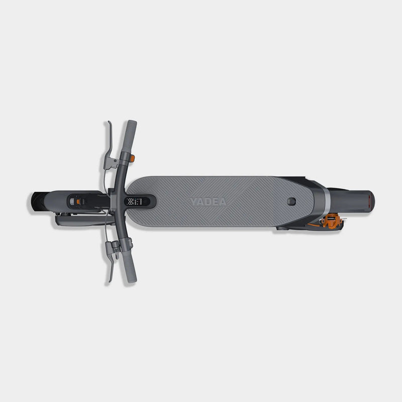 Load image into Gallery viewer, Top-down view of electric scooter with grey frame and wheels, handlebars