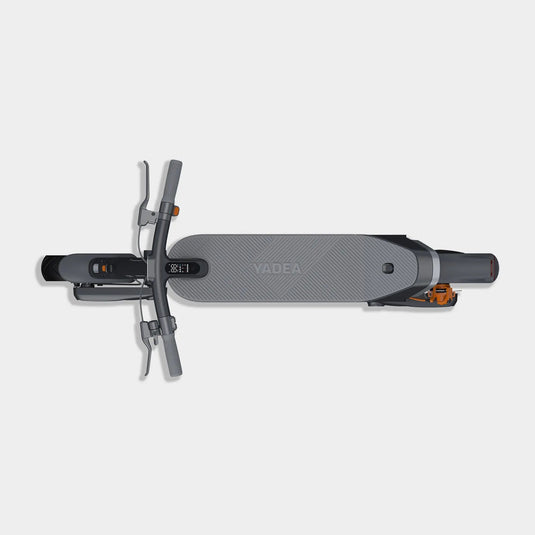 Top-down view of electric scooter with grey frame and wheels, handlebars